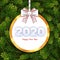 Holiday gift card. Happy New Year 2020. Snow numbers, golden frame and white tied bow on snowy golden pattern background