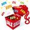 Holiday gift packaging box with bow from which the fireworks fly colorful symbols per cent for sales and great deals