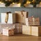 Holiday gifts and presents, country cottage style wrapped gift boxes for boxing day, Christmas, Valentines day and holidays