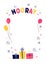 A holiday greeting card. A birthday or an important event. Hooray. Balloons and gifts. Flat illustration