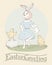 Holiday greeting card with hand lettering and cute dancing Easter rabbit and two singing chickens. Happy Easter Greeting