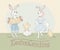 Holiday greeting card with hand lettering and Easter rabbits dancing to the accordion and singing chickens. Happy Easter Greeting
