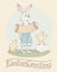 Holiday greeting card with lettering and cute Easter bunny and chicks - retro style vector illustration. Happy Easter Greeting.