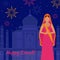 Holiday greeting card. Light festival of India Happy Diwali. Woman in indian sari. Taj Mahal fireworks