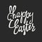 Holiday greetings logotype. Hand drawn vector lettering. White letters on black background. Bunny ears and Easter greetings illust