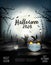 Holiday Halloween background with pumpkins wearing medical face mask and silhouettes of bats, dead trees and big moon. Halloween