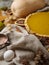 Holiday handmade composition- American pumpkin pie, decor, ingredients. Macro photography, careful browsing. Defocused background