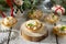 Holiday hors d`oeuvre: tartlets with crab sticks, cheese and pineapple on a celebratory Christmas background
