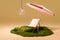 Holiday idyll with sun lounger and parasol on a small grassy area isolated on infinite background hanging lamp global warming