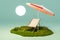 Holiday idyll with sun lounger and parasol on a small grassy area isolated on infinite background sun global warming concept 3D