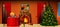 Holiday interior with fireplace, gifts and decorated christmas t