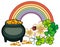 Holiday label with shamrock, rainbow and leprechaun pot of gold.