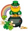 Holiday label with shamrock, rainbow, leprechaun and a pot of gold. Raster clip.