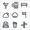 holiday line icons. linear set. quality vector line set such as directions, coffee cup, backpack, flag, rainy, summer, dining