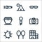 Holiday line icons. linear set. quality vector line set such as hotel, balloon, sun, camera, microphone, ship, spectacles, tent