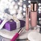 Holiday make-up foundation base, concealer and purple gift box, luxury cosmetics present and blank label products for beauty brand