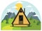 Holiday in the mountains, a-frame house on lawn, small cabin, front view