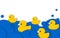 Holiday National Rubber Duck Day. Yellow cute ducklings have a water race in paper art style. Waterfowl on blue sea waves.