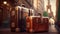 Holiday in Paris. Elegant leather suitcases stand in the foreground. Tenement houses with the Eiffel Tower in blurred background.