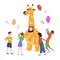 Holiday party actors entertainer wearing in costume Giraffe, play with kids. Performance Birhday Carnaval Party, group