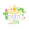 Holiday party for kids promo sign. Childrens party colorful hand drawn vector Illustration