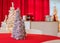 Holiday Party in red and white themed decor, silver tinsel tree in focus