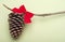 Holiday Pinecone with a Red Bow on a Green Backgro