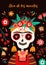 Holiday poster with Frida Kahlo skeleton with folk decorations and flowers. Dia de los muertos card with woman skull