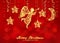 Holiday red background with golden figures of angel, stars and m