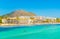 Holiday resorts stretched alongside Alcudia beach on Mallorca, Spain