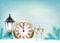 Holiday retro background with champagne glasses and clock