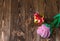 Holiday/romantic/valentine Day background with plush rose and gift box on wooden table.