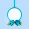 Holiday round banner with blue ribbon and bow. Fir branches with christmas balls . Christmas background with snowflakes.