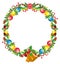 Holiday round garland decorated with pine branch, jingle bells and cones