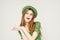 Holiday Saint Patrick`s Day shamrock girl fun Green clothing light background