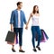 Holiday sales action, shop, consumer. Full body couple with shopping bags. Isolated
