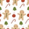 holiday seamless pattern with cartoon gingerbread man, decor elements. Merry Christmas. Colorful vector, flat style. hand drawing