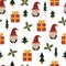 Holiday Seamless pattern with cartoon gnomes, present, tree,  decor elements. colorful vector for kids, flat style. hand drawing.