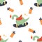 Holiday seamless pattern with cute dinos having fun at snowboard. Christmas background for different designs