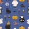 Holiday seamless pattern with funny scary magic characters and items on dark background - ghost, skeleton, vampire, Jack