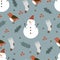 holiday seamless pattern with snowman, bird, sock, decorative elements. Colorful vector, flat style. hand drawing.