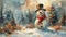 holiday snowman illustration, charming watercolor artwork, a cheerful snowman in a top hat and striped scarf amid