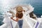 Holiday in Spain. Back view of young traveler woman descends stairs towards the Mediterranean Balcony in Benidorm, Alicante, Spain