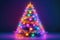 Holiday spirit with stunning tree. Multi-colored lights decorate a Christmas tree as it stands beautifully on a dark bac