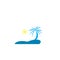 Holiday summer beach blue island coconut palm tree vector logo design, Hotel tourism. Sunrise, shore.