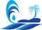 Holiday summer beach blue island coconut palm tree vector logo design, Hotel tourism. Sunrise, shore.