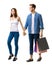 Holiday summer sales, shop, retail, consumer - Full body couple, shopping bags, going, holding hands. Isolated white background