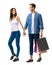 Holiday summer sales, shop, retail, consumer - Full body couple, shopping bags, going, holding hands. Isolated white background