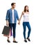 Holiday summer sales, shop, retail, consumer.  Full body young couple, shopping bags. Isolated