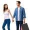 Holiday summer sales, shop, retail, consumer. young couple, shopping bags. Isolated